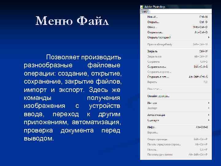   Меню Файл  Позволяет производить разнообразные файловые операции: создание, открытие, сохранение, закрытие
