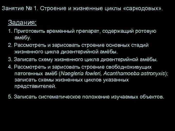 Занятие № 1. Строение и жизненные циклы «саркодовых» . Задания:  1. Приготовить временный