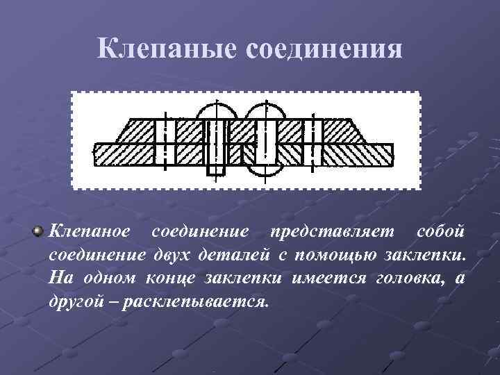   Клепаные соединения Клепаное соединение представляет собой соединение двух деталей с помощью заклепки.