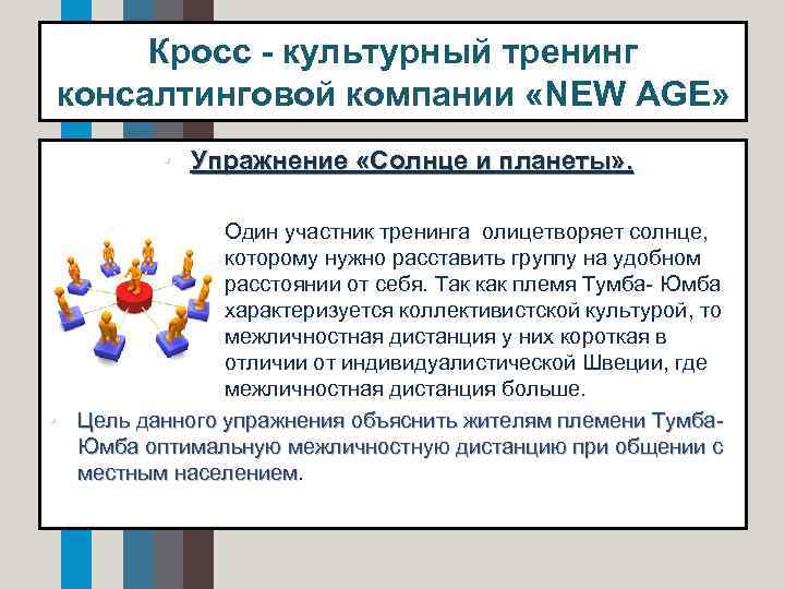 Кросс - культурный тренинг консалтинговой компании «NEW AGE» • Упражнение «Солнце и планеты» .