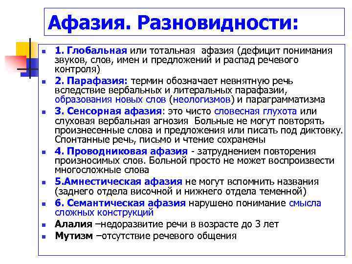 Афазия. Разновидности: n n n n 1. Глобальная или тотальная афазия (дефицит понимания звуков,