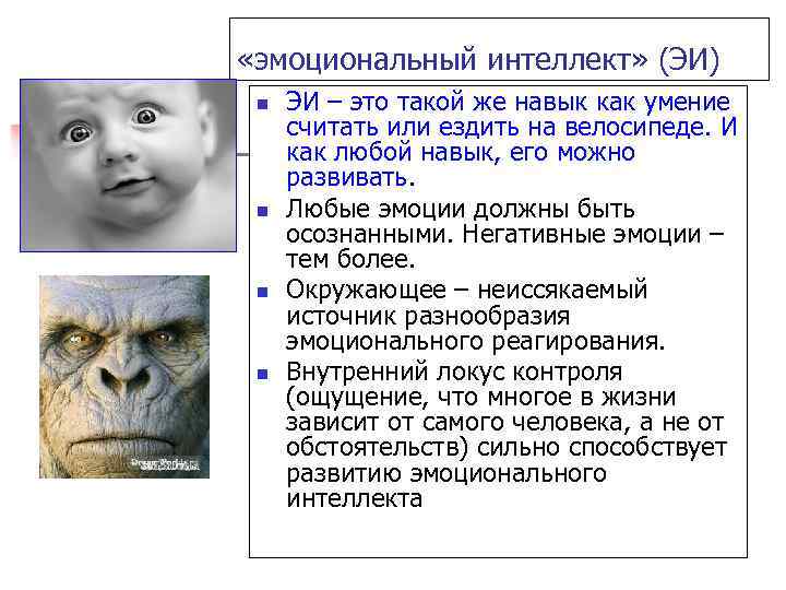  «эмоциональный интеллект» (ЭИ) n n ЭИ – это такой же навык как умение