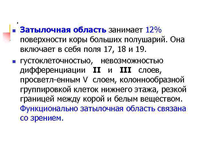 n n Затылочная область занимает 12% поверхности коры больших полушарий. Она включает в себя