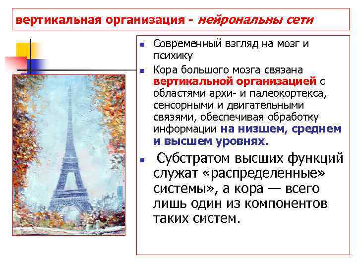 вертикальная организация - нейрональны сети n n n Современный взгляд на мозг и психику