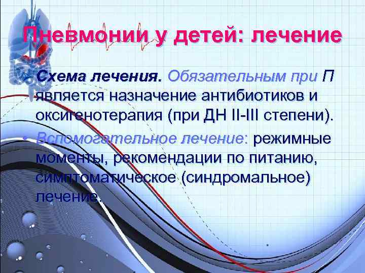 Пневмонии у детей: лечение Ø Схема лечения. Обязательным при П является назначение антибиотиков Пневмонии у детей: лечение Ø Схема лечения. Обязательным при П является назначение антибиотиков