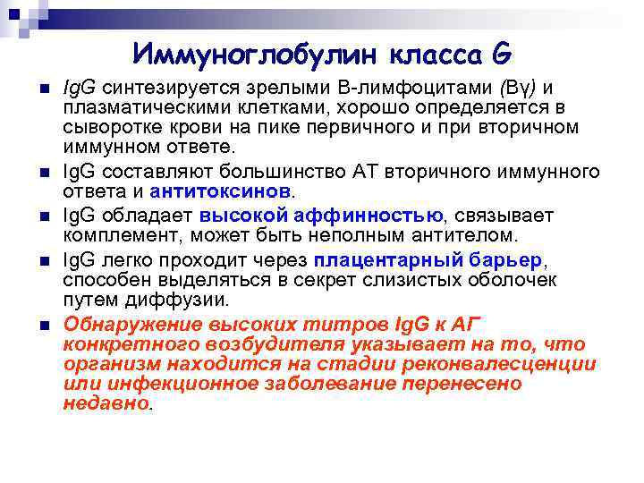    Иммуноглобулин класса G n  Ig. G синтезируется зрелыми B-лимфоцитами (Вγ)