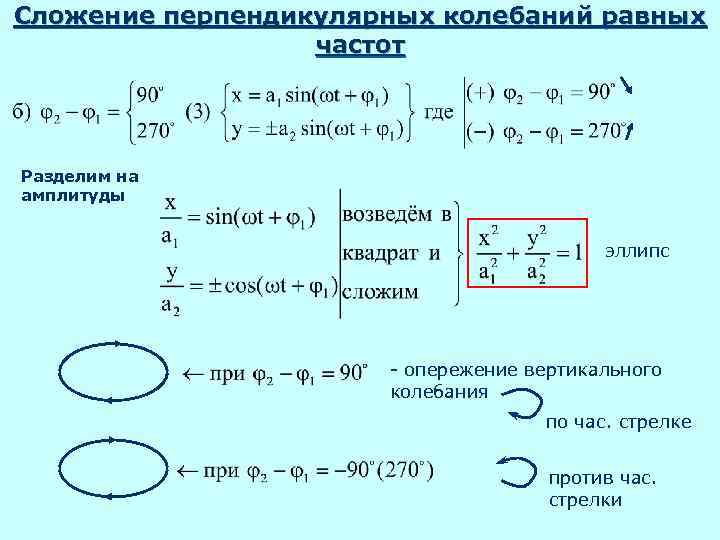 Перпендикулярные колебания. Сложение перпендикулярных колебаний. Сложение колебаний равных частот. Сложение перпендикулярных колебаний равной частоты. Сложение перпендикулярных колебаний с разными частотами.