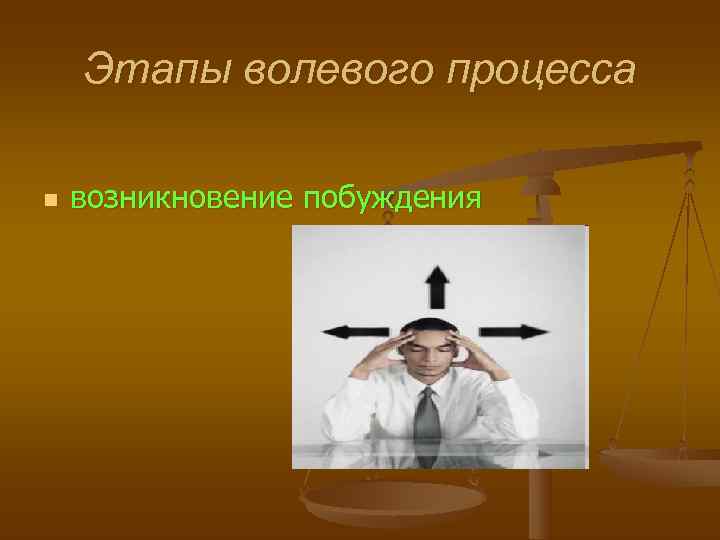   Этапы волевого процесса n  возникновение побуждения 