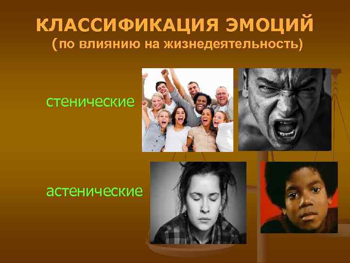 КЛАССИФИКАЦИЯ ЭМОЦИЙ (по влиянию на жизнедеятельность)  стенические астенические 