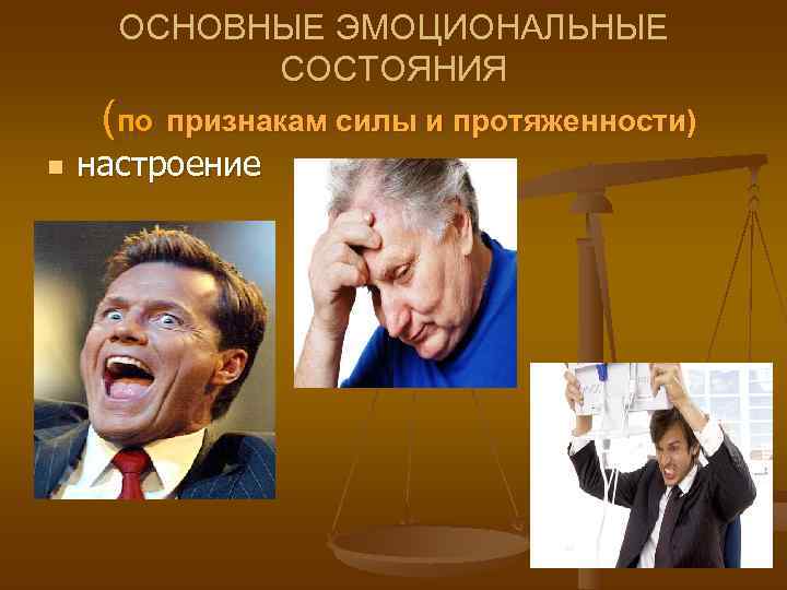  ОСНОВНЫЕ ЭМОЦИОНАЛЬНЫЕ   СОСТОЯНИЯ (по признакам силы и протяженности) n  настроение