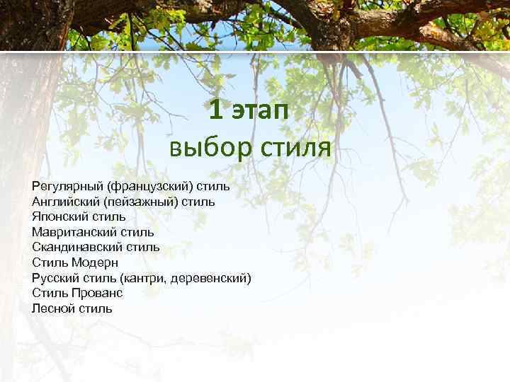 1 этап выбор стиля Регулярный (французский) стиль Английский (пейзажный) стиль Японский стиль Мавританский стиль