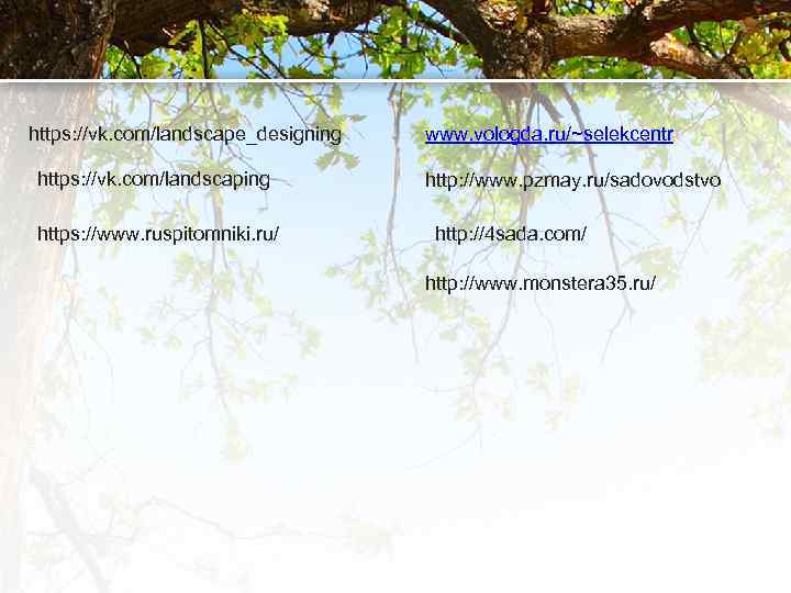 https: //vk. com/landscape_designing https: //vk. com/landscaping https: //www. ruspitomniki. ru/ www. vologda. ru/~selekcentr http: