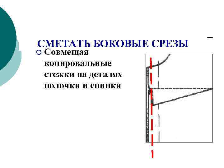 СМЕТАТЬ БОКОВЫЕ СРЕЗЫ ¡  Совмещая копировальные стежки на деталях полочки и спинки 