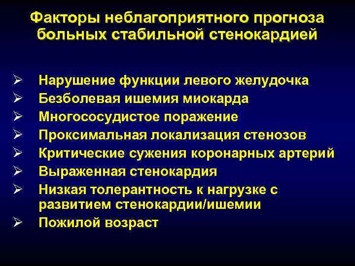   Факторы неблагоприятного прогноза больных стабильной стенокардией Ø  Нарушение функции левого желудочка