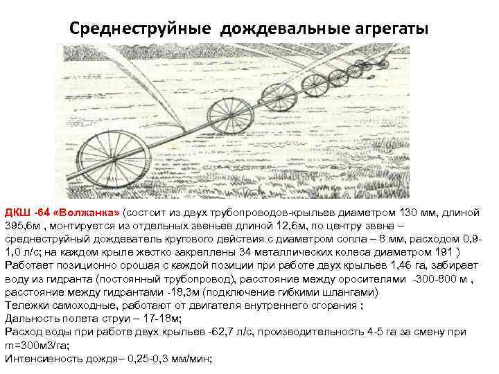  Среднеструйные дождевальные агрегаты ДКШ -64 «Волжанка» (состоит из двух трубопроводов-крыльев диаметром 130