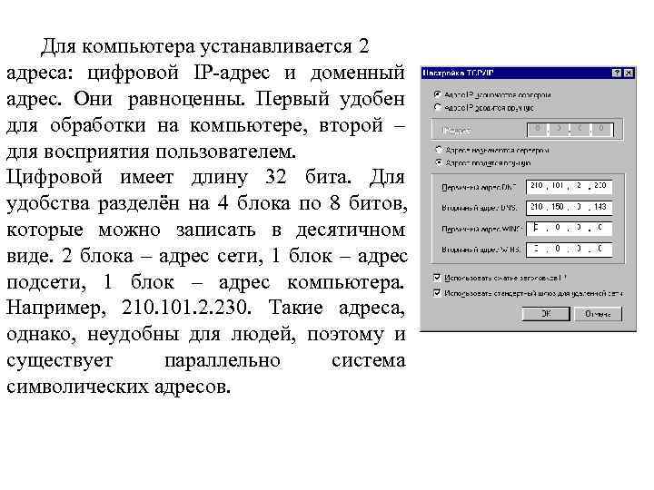  Для компьютера устанавливается 2 адреса: цифровой IP-адрес и доменный адрес. Они равноценны.