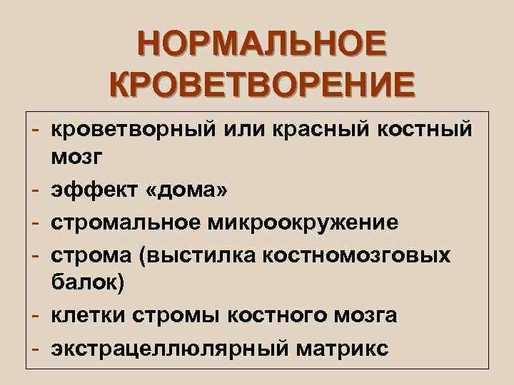  НОРМАЛЬНОЕ КРОВЕТВОРЕНИЕ - кроветворный или красный костный  мозг - эффект «дома» -