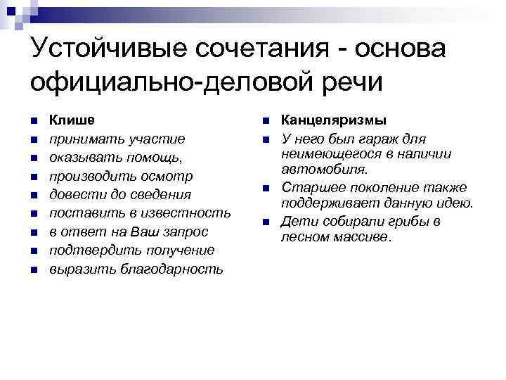 Устойчивые сочетания - основа официально-деловой речи n  Клише     n