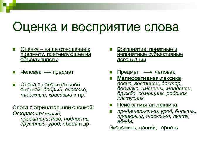 Оценка и восприятие слова n  Оценка – наше отношение к  n 