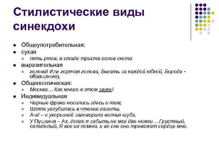 Стилистические виды синекдохи l  Общеупотребительная: l  сухая l  пять ртов, в