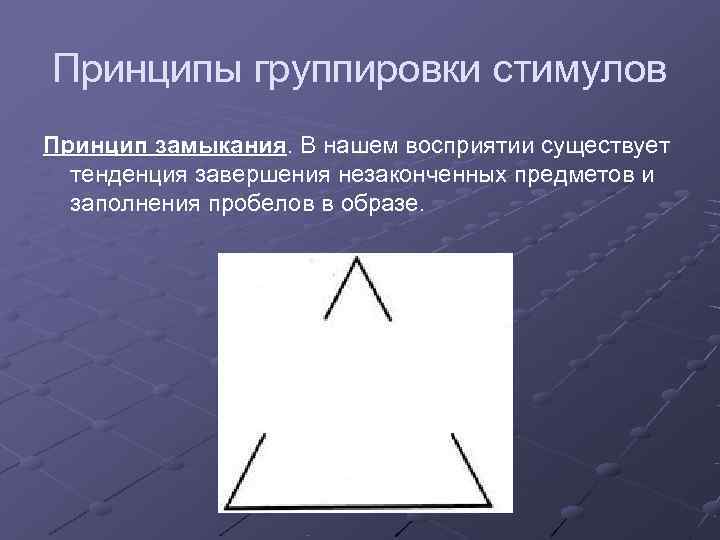 Принципы группировки стимулов Принцип замыкания. В нашем восприятии существует  тенденция завершения незаконченных предметов