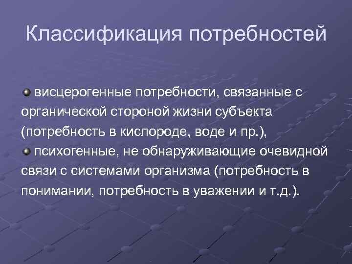Классификация потребностей  висцерогенные потребности, связанные с органической стороной жизни субъекта (потребность в кислороде,