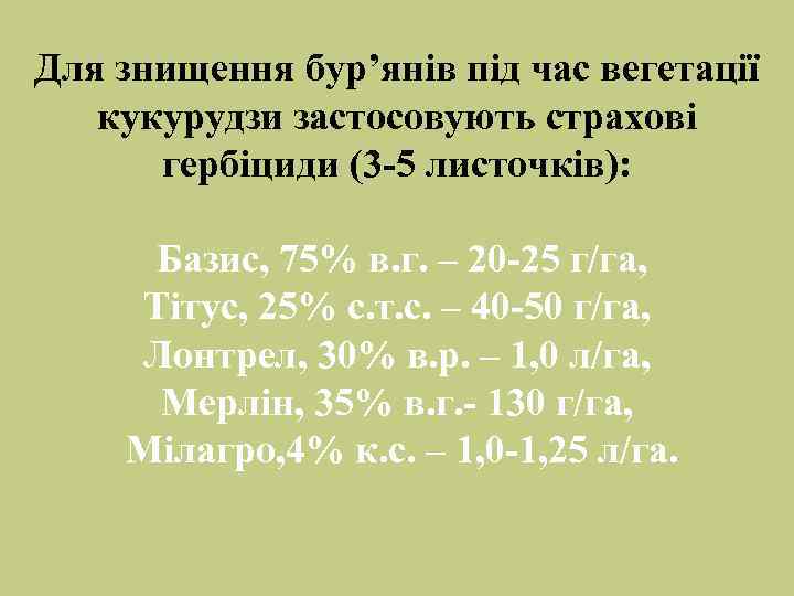 Для знищення бур’янів під час вегетації  кукурудзи застосовують страхові  гербіциди (3 -5