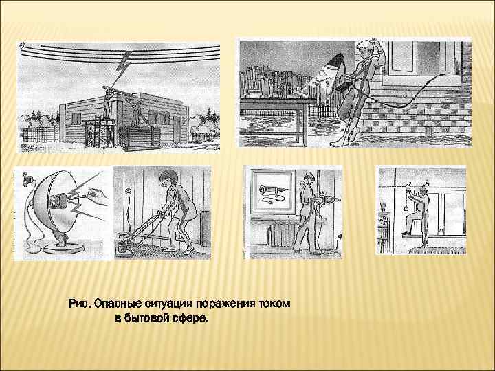 Рис. Опасные ситуации поражения током   в бытовой сфере. 