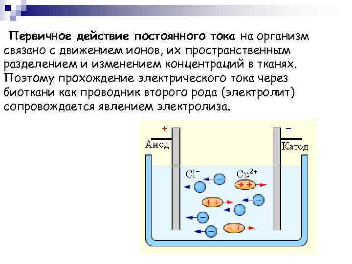  Первичное действие постоянного тока на организм связано с движением ионов, их пространственным разделением
