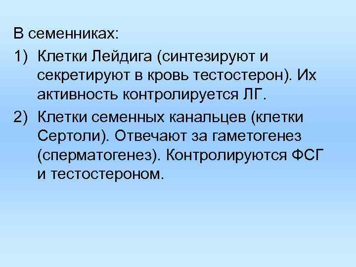 В семенниках: 1) Клетки Лейдига (синтезируют и секретируют в кровь тестостерон). Их активность контролируется