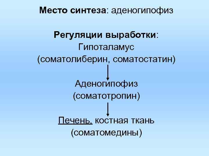 Место синтеза: аденогипофиз Регуляции выработки: Гипоталамус (соматолиберин, соматостатин) Аденогипофиз (соматотропин) Печень, костная ткань (соматомедины)