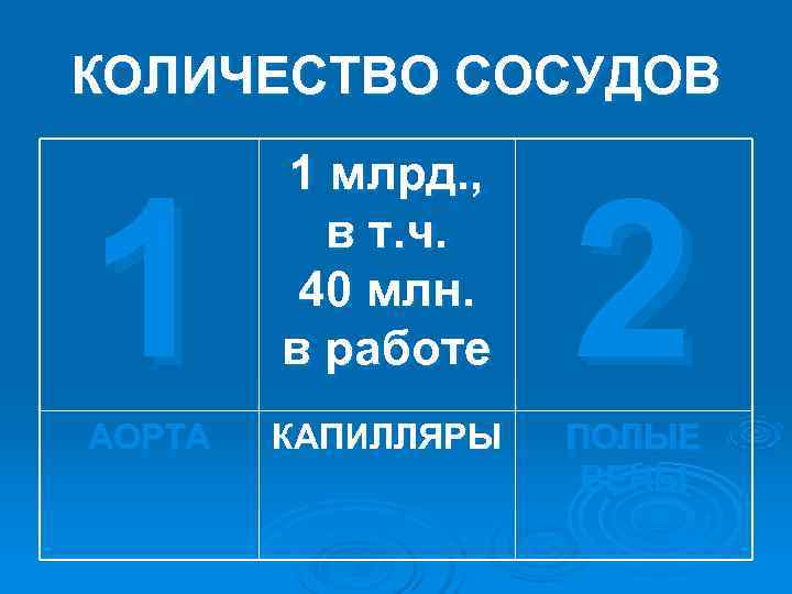 КОЛИЧЕСТВО СОСУДОВ 1 млрд. , 1 АОРТА в т. ч. КОЛИЧЕСТВО СОСУДОВ 1 млрд. , 1 АОРТА в т. ч.