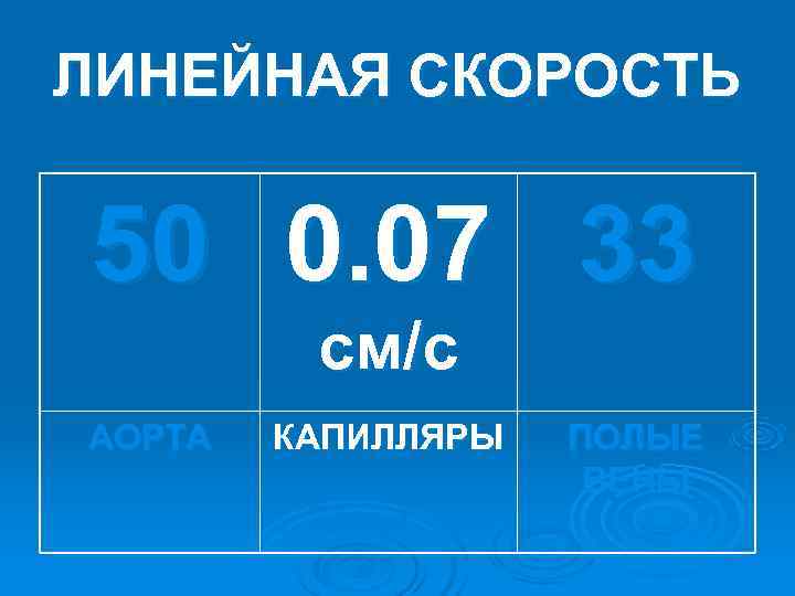 ЛИНЕЙНАЯ СКОРОСТЬ 50 0. 07 33 см/с АОРТА КАПИЛЛЯРЫ ЛИНЕЙНАЯ СКОРОСТЬ 50 0. 07 33 см/с АОРТА КАПИЛЛЯРЫ