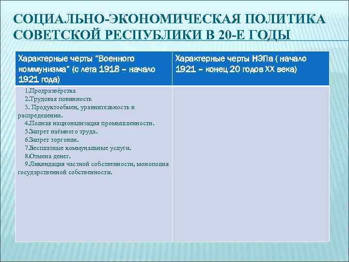 СОЦИАЛЬНО-ЭКОНОМИЧЕСКАЯ ПОЛИТИКА СОВЕТСКОЙ РЕСПУБЛИКИ В 20 -Е ГОДЫ Характерные черты “Военного   