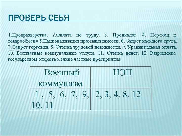 ПРОВЕРЬ СЕБЯ 1. Продразверстка. 2. Оплата по труду. 3. Продналог. 4. Переход к товарообмену.