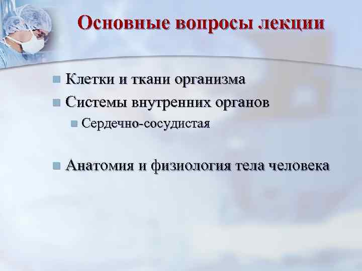  Основные вопросы лекции n Клетки и ткани организма n Системы внутренних органов n