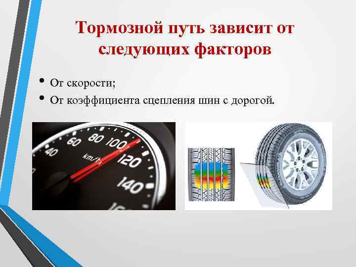  Тормозной путь зависит от   следующих факторов • От скорости;  •