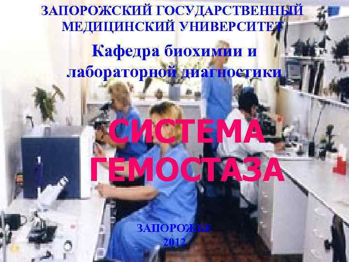 ЗАПОРОЖСКИЙ ГОСУДАРСТВЕННЫЙ  МЕДИЦИНСКИЙ УНИВЕРСИТЕТ Кафедра биохимии и  лабораторной диагностики  СИСТЕМА ГЕМОСТАЗА