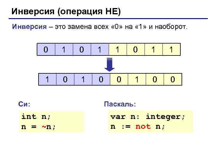 Инверсия (операция НЕ) Инверсия – это замена всех « 0» на « 1» и
