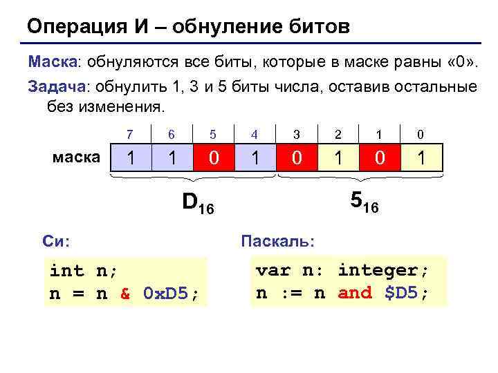 Операция И – обнуление битов Маска: обнуляются все биты, которые в маске равны «