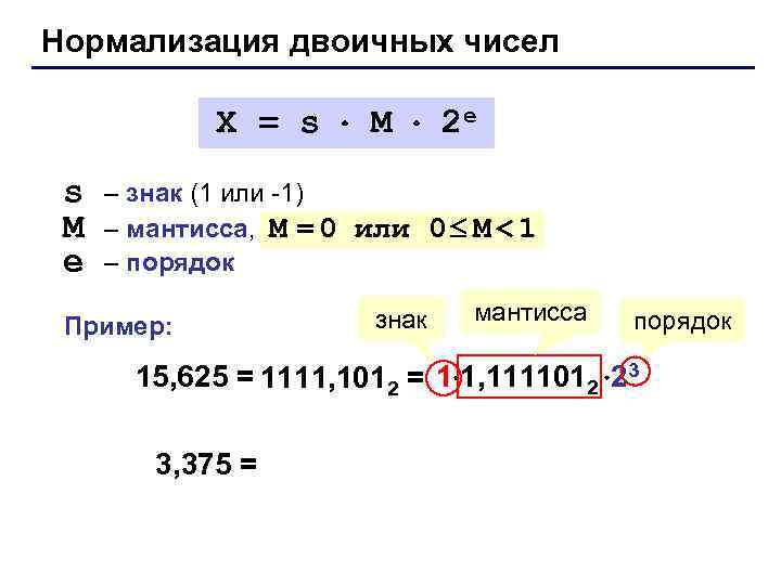 Нормализация двоичных чисел    X = s  M  2 e