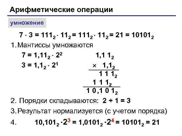 Арифметические операции умножение 7  3 = 1112 = 21 = 101012 1. Мантиссы