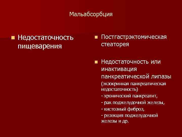    Мальабсорбция  n  Недостаточность n  Постгастрэктомическая пищеварения  