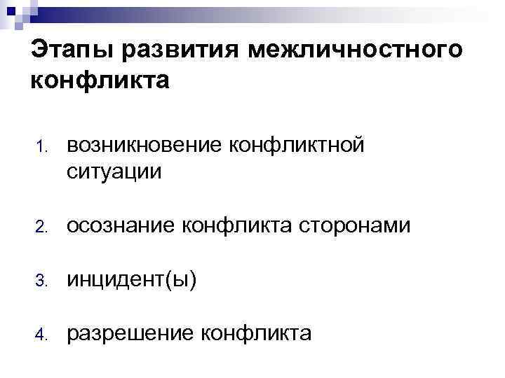 Этапы развития межличностного конфликта 1. возникновение конфликтной ситуации 2. осознание конфликта сторонами Этапы развития межличностного конфликта 1. возникновение конфликтной ситуации 2. осознание конфликта сторонами