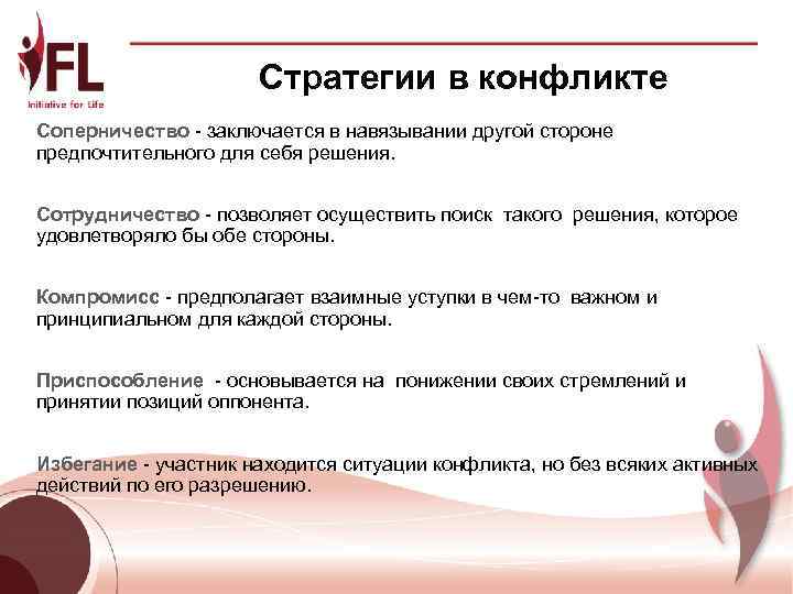      Стратегии в конфликте Соперничество - заключается в навязывании другой