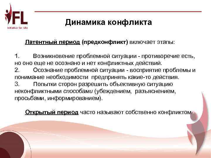    Динамика конфликта Латентный период (предконфликт) включает этапы:  1.  Возникновение