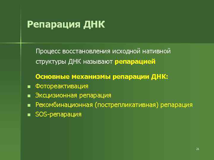 Репарация ДНК Процесс восстановления исходной нативной структуры ДНК называют репарацией Основные механизмы репарации ДНК: