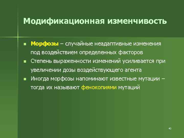Модификационная изменчивость n  Морфозы – случайные неадаптивные изменения под воздействием определенных факторов n