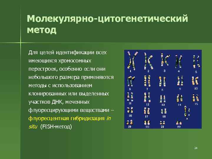 Молекулярно-цитогенетический метод Для целей идентификации всех имеющихся хромосомных перестроек, особенно если они небольшого размера