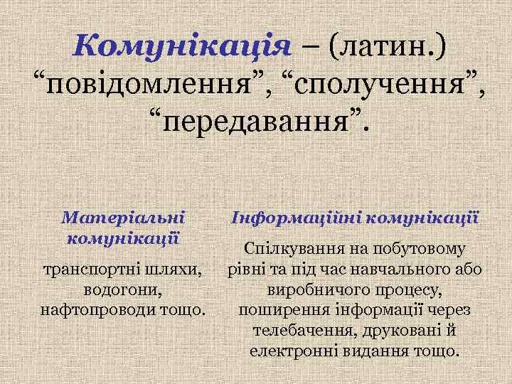  Комунікація – (латин. ) “повідомлення”, “сполучення”,   “передавання”. Матеріальні  Інформаційні комунікації